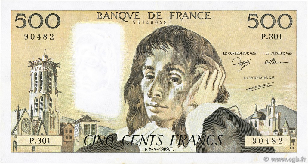 500 Francs PASCAL FRANCE  1989 F.71.41 TTB+