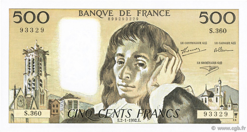 500 Francs PASCAL FRANCE  1992 F.71.49 SUP+