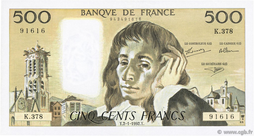 500 Francs PASCAL FRANCE  1992 F.71.49 TTB+