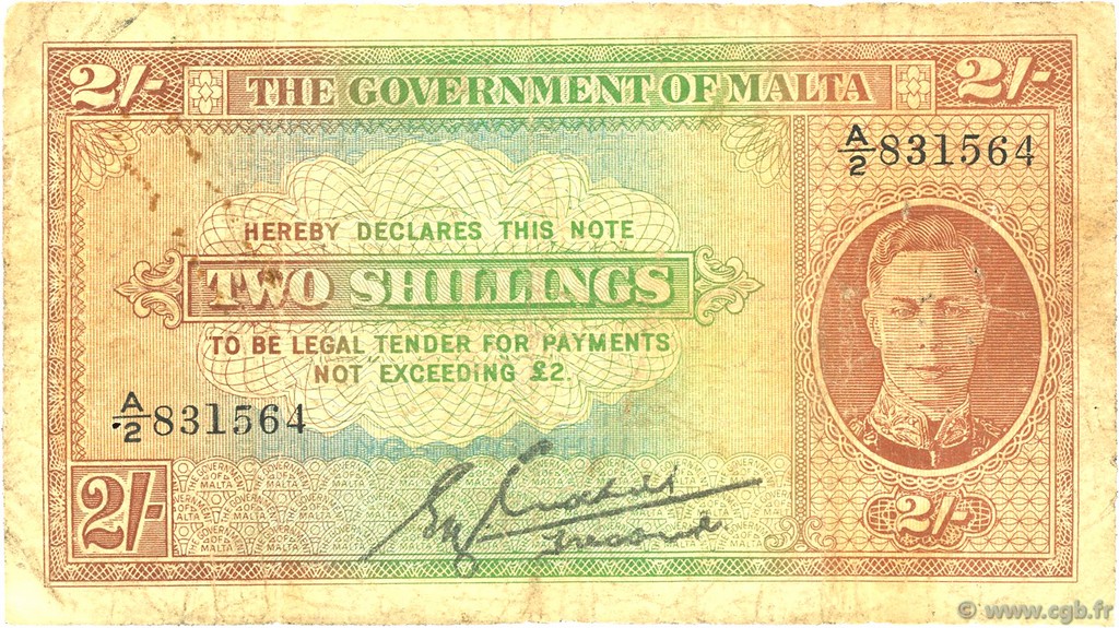 2 Shillings MALTE  1942 P.17b B+