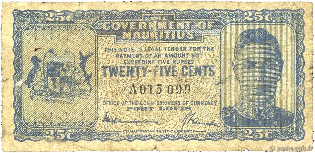 25 Cents ÎLE MAURICE  1940 P.24a B+