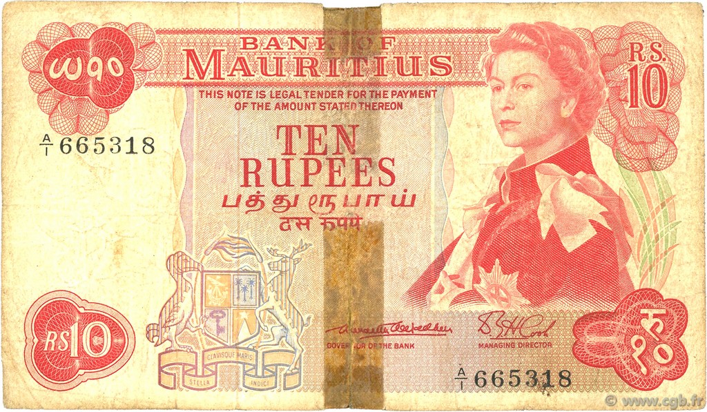 10 Rupees ÎLE MAURICE  1967 P.31a AB
