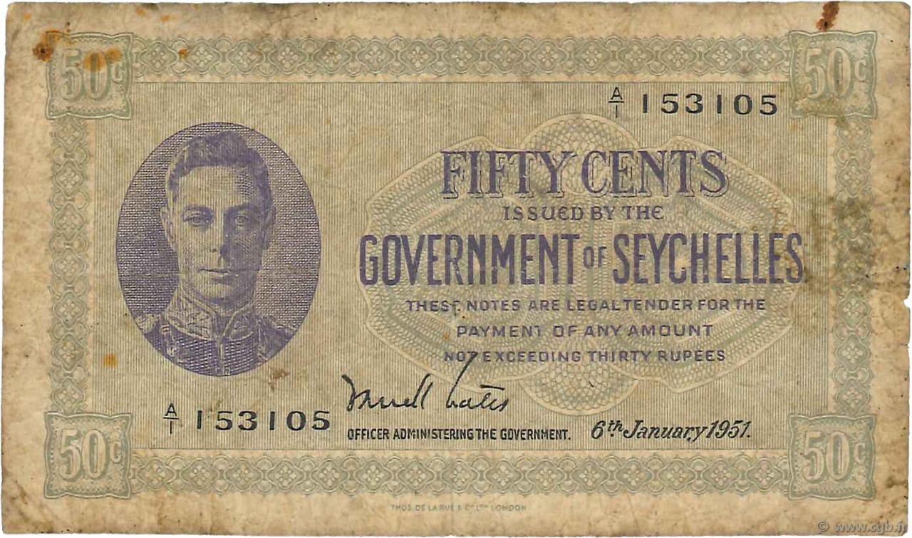 50 Cents SEYCHELLES  1951 P.06c B+