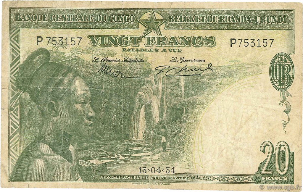 20 Francs CONGO BELGE  1954 P.26 B à TB