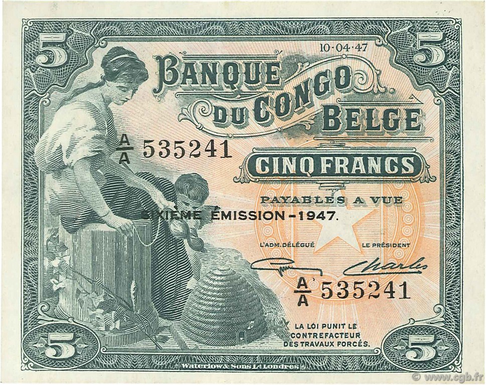 5 Francs CONGO BELGE  1954 P.13Ad SUP