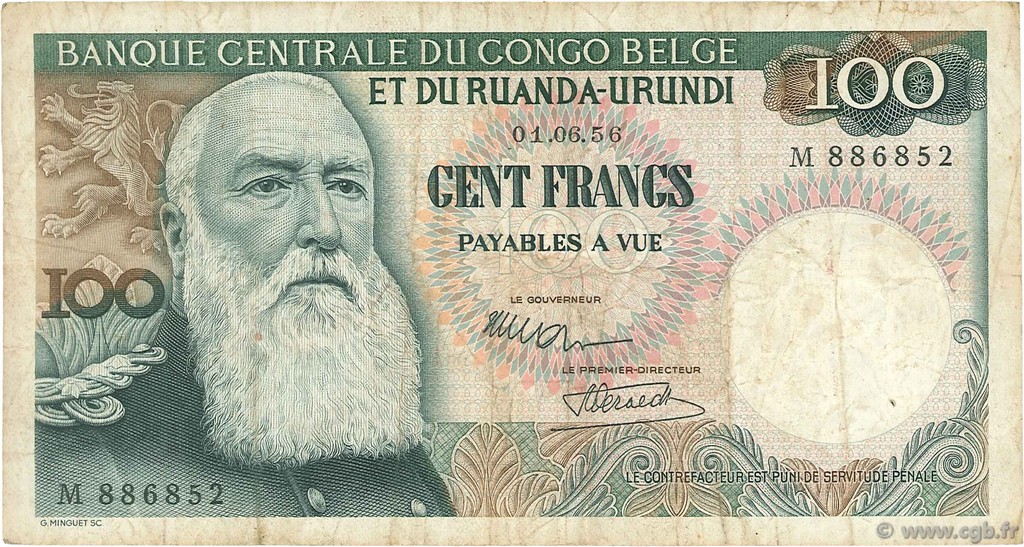 100 Francs CONGO BELGE  1956 P.33a TB+