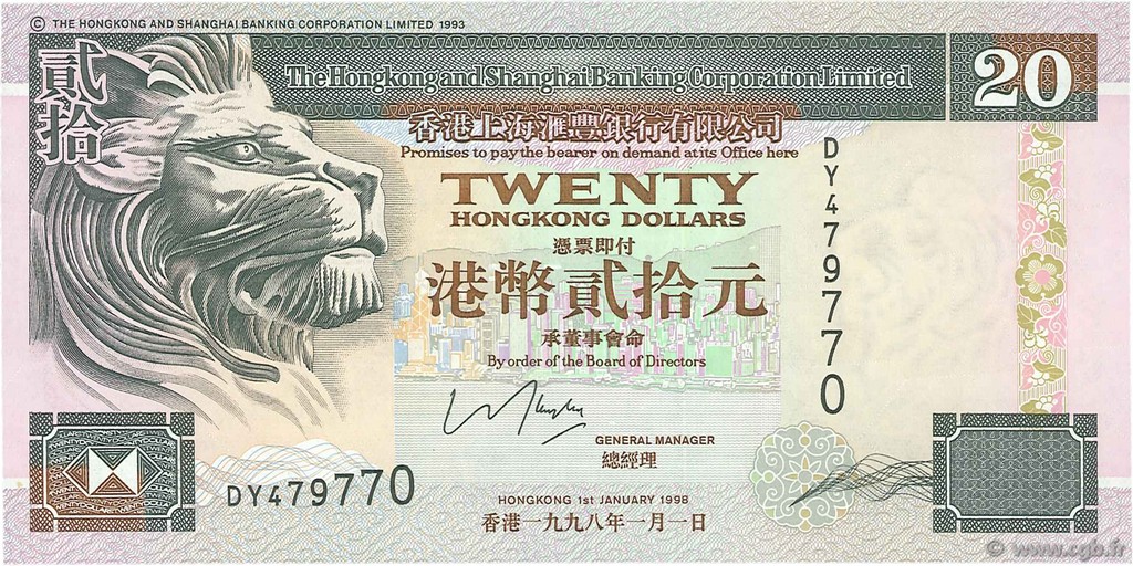 20 Dollars HONG KONG  1998 P.201d pr.NEUF