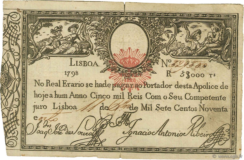 5000 Reis PORTUGAL  1828 P.038A VF+