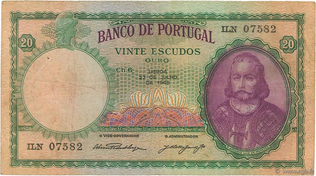 20 Escudos PORTUGAL  1948 P.153a TB+