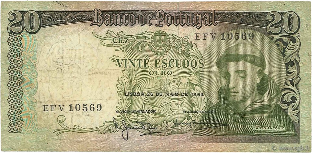 20 Escudos PORTUGAL  1964 P.167b B+