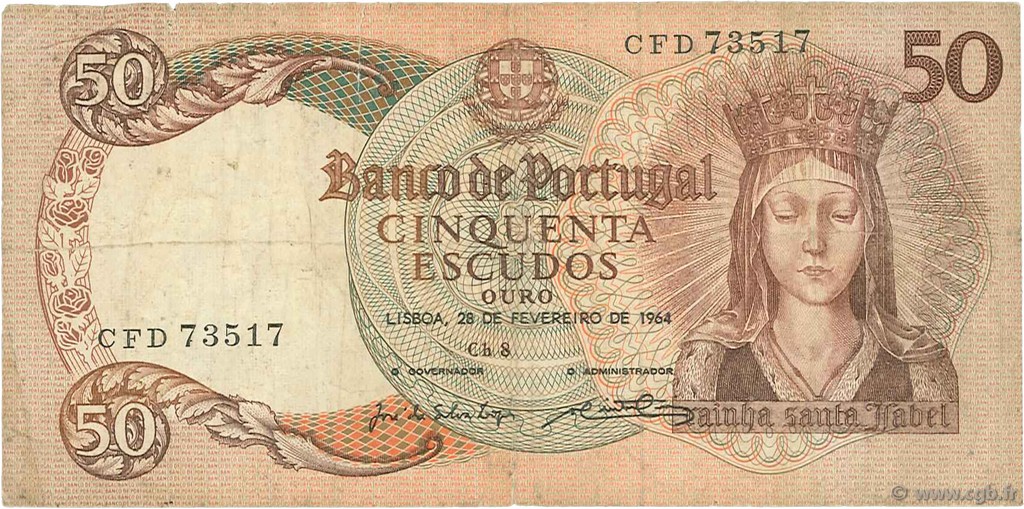 50 Escudos PORTUGAL  1964 P.168 TB