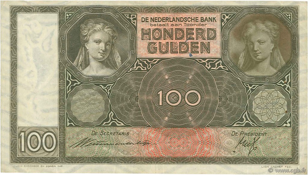 100 Gulden NETHERLANDS  1935 P.051a VF+