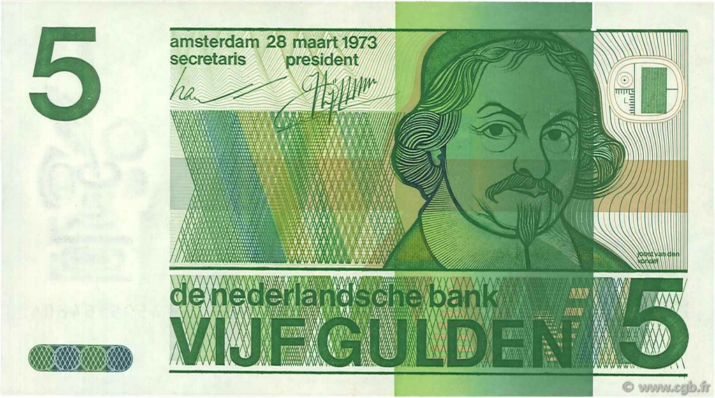 5 Gulden NETHERLANDS  1973 P.095a XF