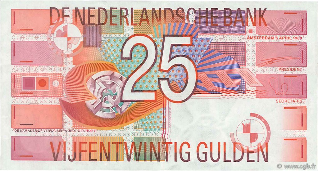 25 Gulden NETHERLANDS  1989 P.100 XF
