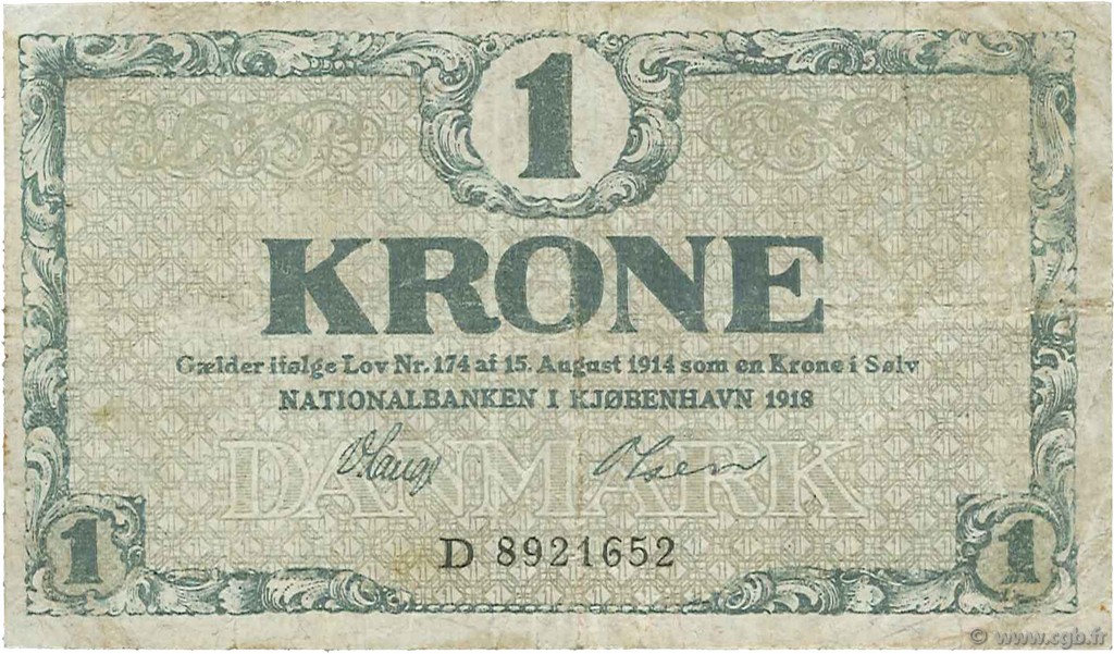 1 Krone DANEMARK  1918 P.012d B+