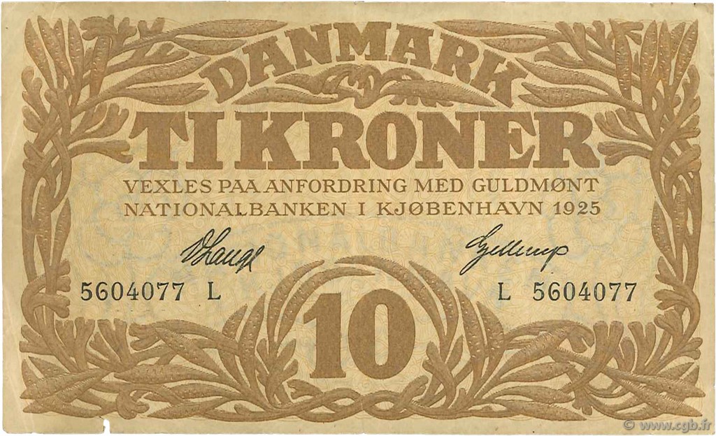 10 Kroner DINAMARCA  1925 P.021u BC+