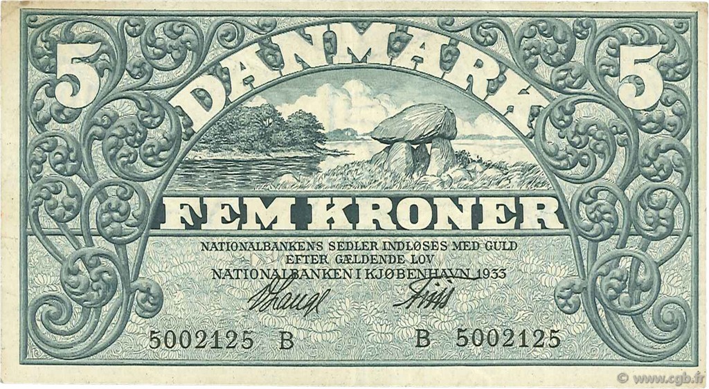 5 Kroner DANEMARK  1933 P.025d TTB