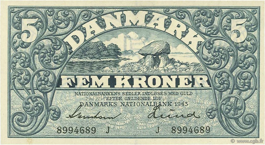 5 Kroner DENMARK  1943 P.030i UNC-