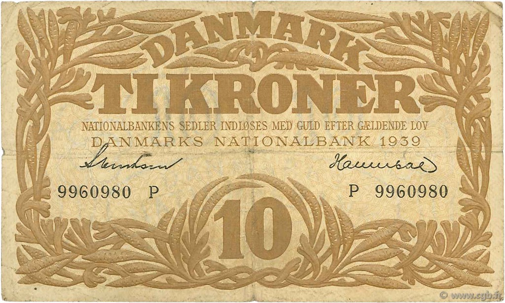 10 Kroner DANEMARK  1939 P.031g TB