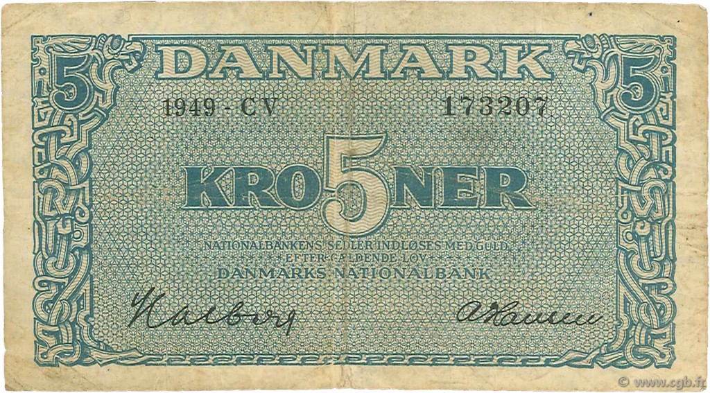 5 Kroner DANEMARK  1949 P.035f TB+