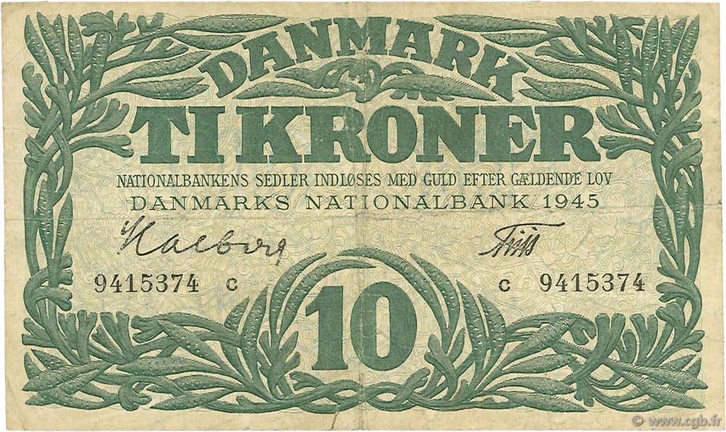 10 Kroner DANEMARK  1945 P.037c TB+