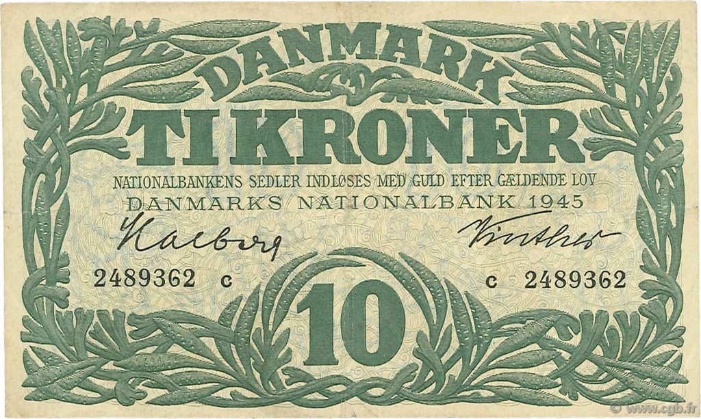 10 Kroner DINAMARCA  1945 P.037c MBC