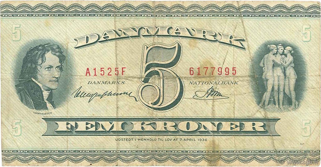 5 Kroner DANEMARK  1952 P.042a B+