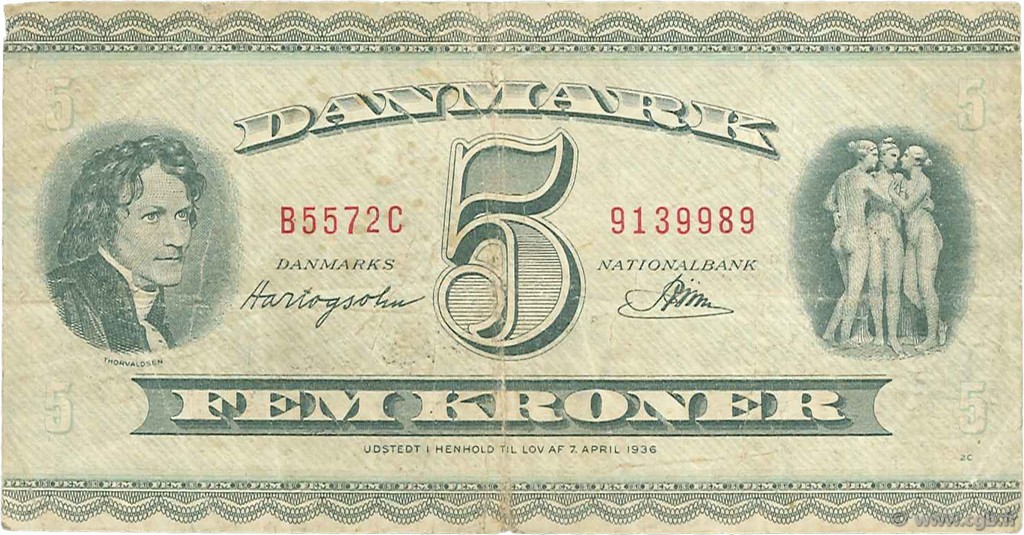 5 Kroner DANEMARK  1957 P.042m TB