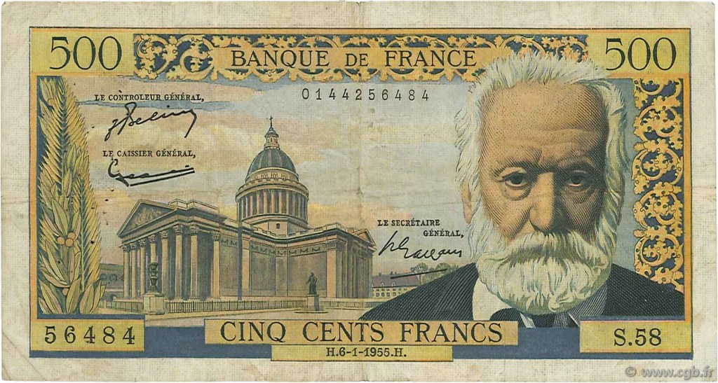 500 Francs VICTOR HUGO FRANCE  1955 F.35.04 B+