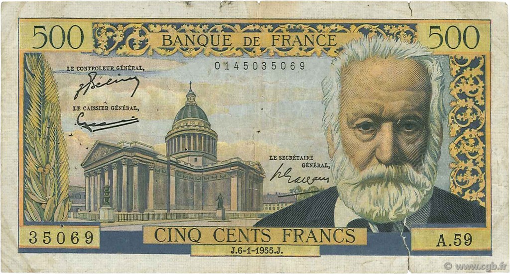 500 Francs VICTOR HUGO FRANCE  1955 F.35.04 B