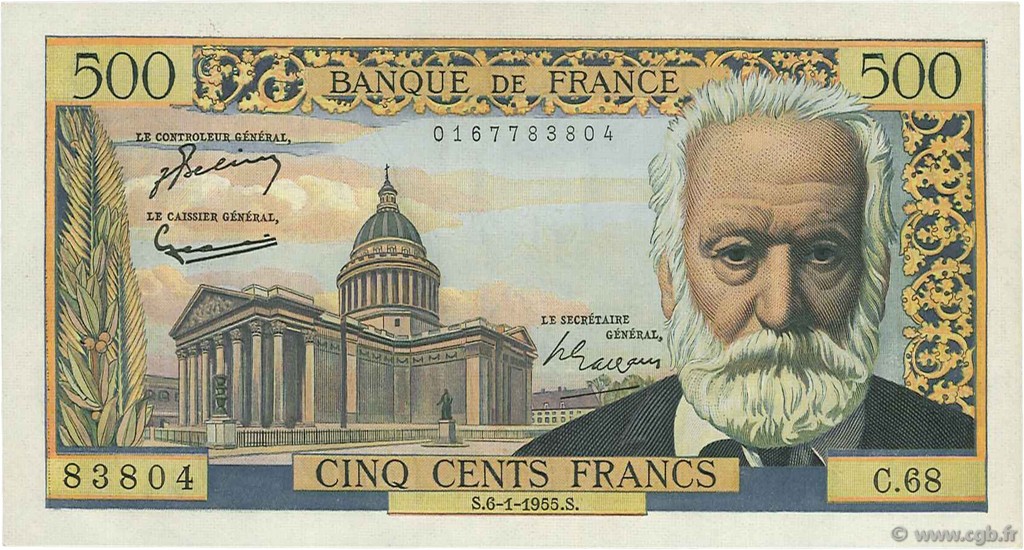 500 Francs VICTOR HUGO FRANCE  1955 F.35.04 pr.SPL