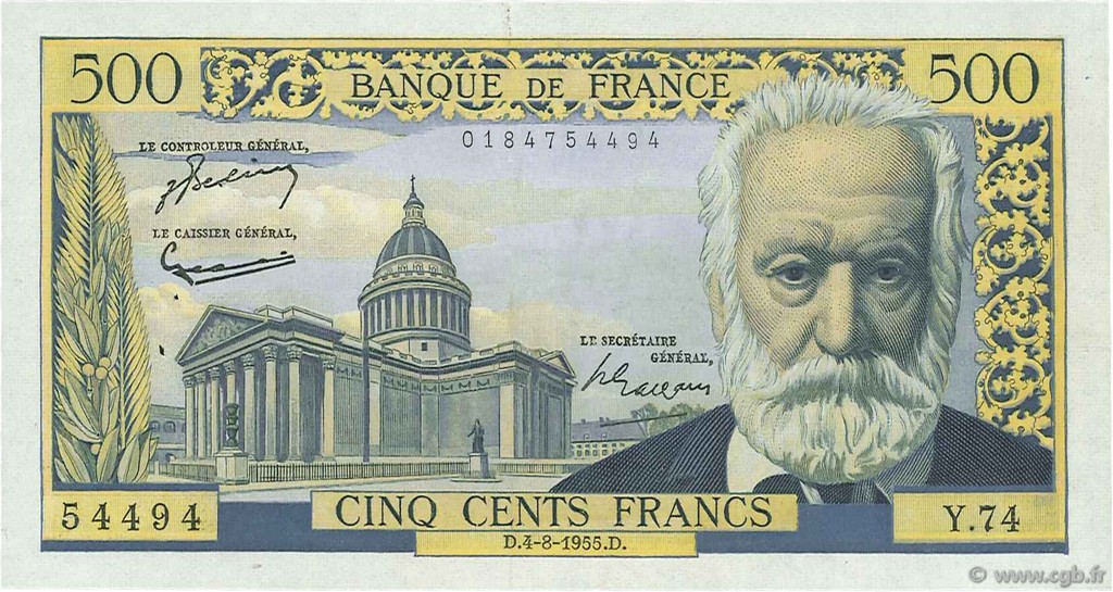500 Francs VICTOR HUGO FRANCE  1955 F.35.05 TB+