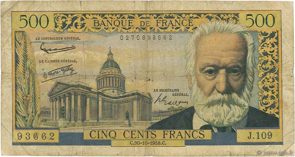 500 Francs VICTOR HUGO FRANCE  1958 F.35.11 pr.B