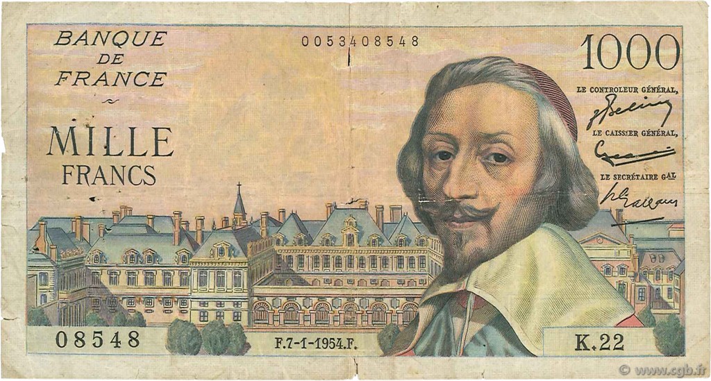 1000 Francs RICHELIEU FRANCE  1954 F.42.04 B