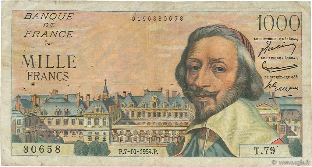 1000 Francs RICHELIEU FRANCE  1954 F.42.08 B