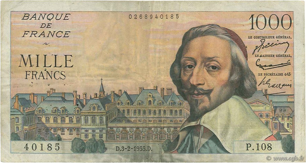 1000 Francs RICHELIEU FRANCE  1955 F.42.10 TB