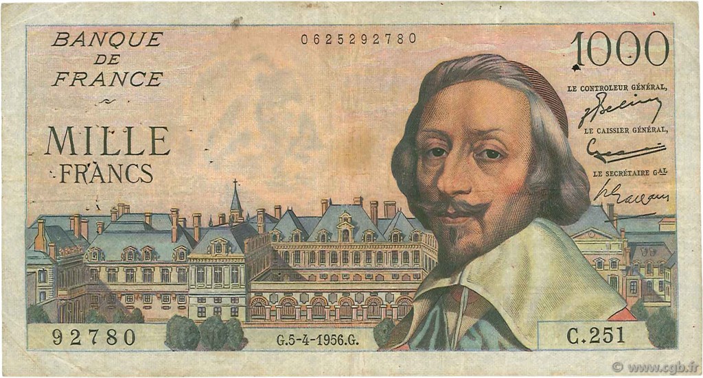 1000 Francs RICHELIEU FRANCE  1956 F.42.20 pr.TB