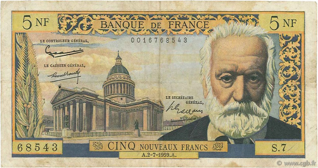 5 Nouveaux Francs VICTOR HUGO FRANCE  1959 F.56.02 pr.TB
