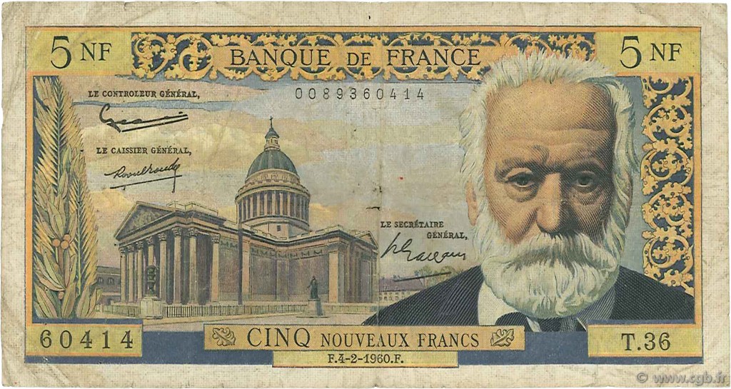 5 Nouveaux Francs VICTOR HUGO FRANCE  1960 F.56.05 B+