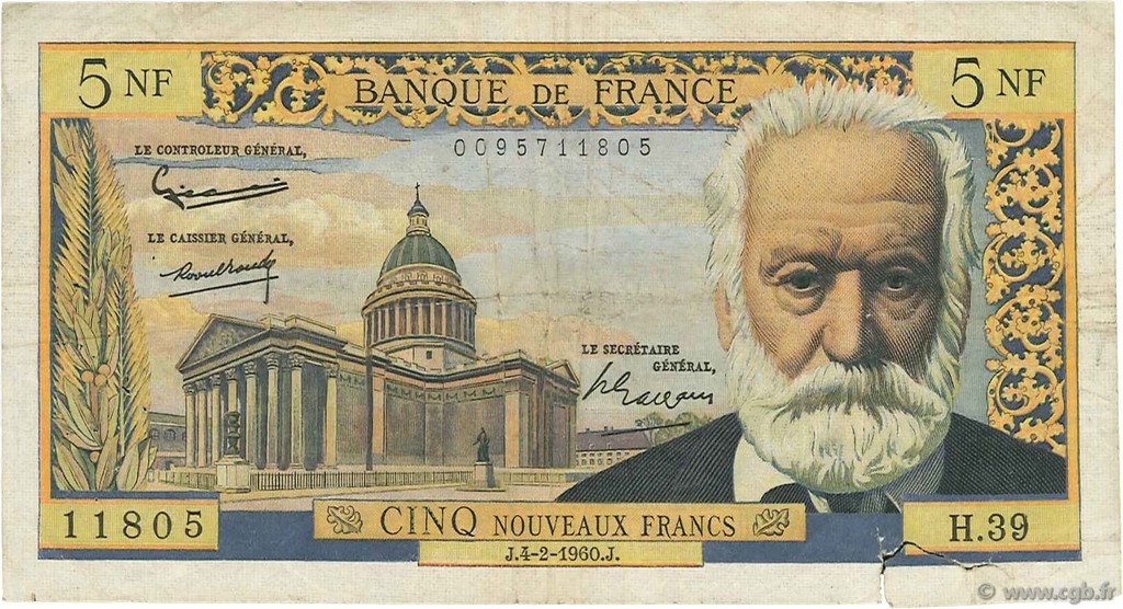 5 Nouveaux Francs VICTOR HUGO FRANCE  1960 F.56.05 B+