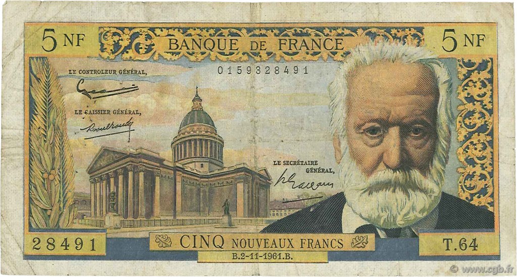 5 Nouveaux Francs VICTOR HUGO FRANCE  1961 F.56.09 B+