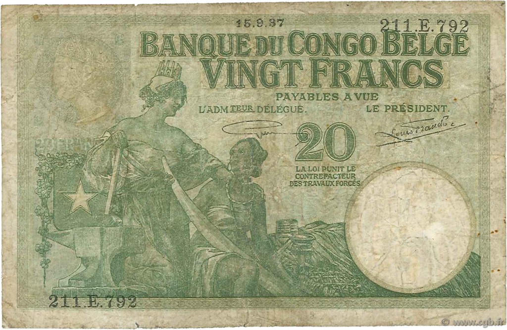 20 Francs CONGO BELGE  1937 P.10f B