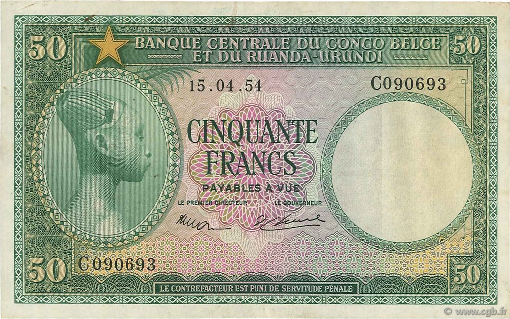 50 Francs CONGO BELGE  1954 P.27a TTB
