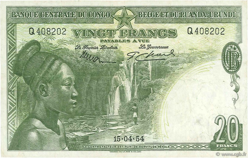 20 Francs CONGO BELGE  1954 P.26 TTB