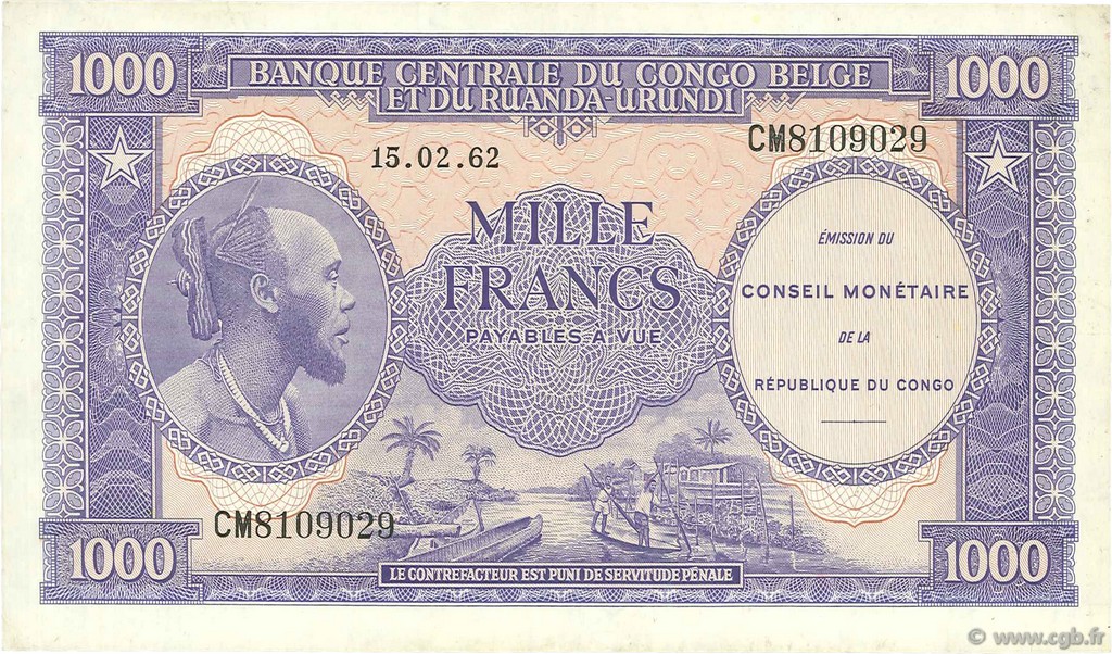 1000 Francs CONGO, DEMOCRATIC REPUBLIC  1962 P.002a XF-