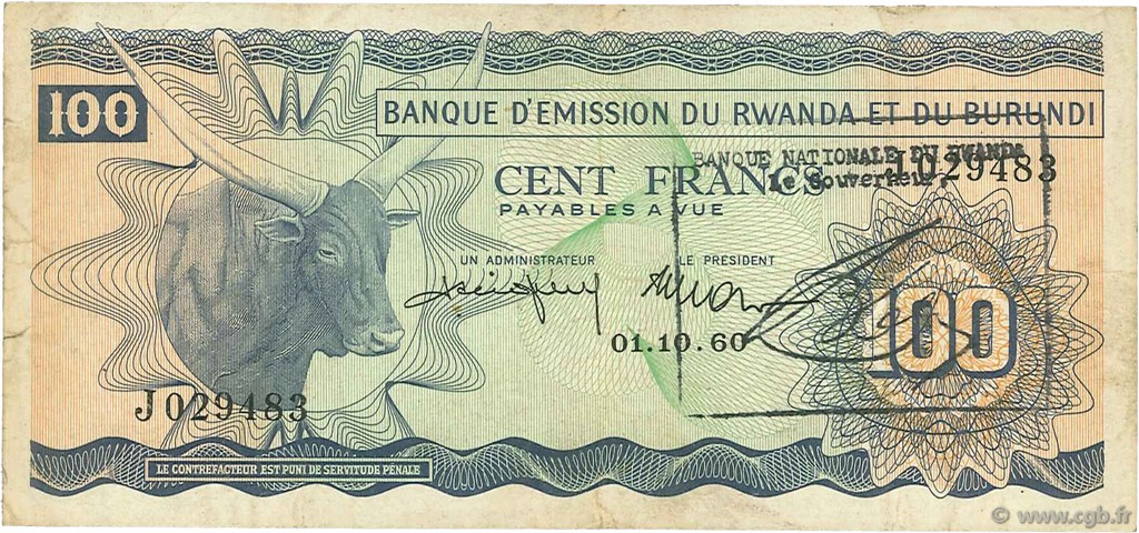 100 Francs RWANDA  1962 P.03a pr.TTB