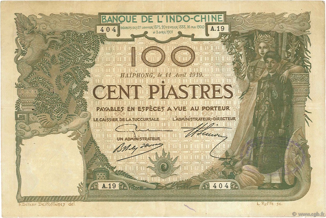 100 Piastres INDOCHINE FRANÇAISE Haïphong 1919 P.018 TB+