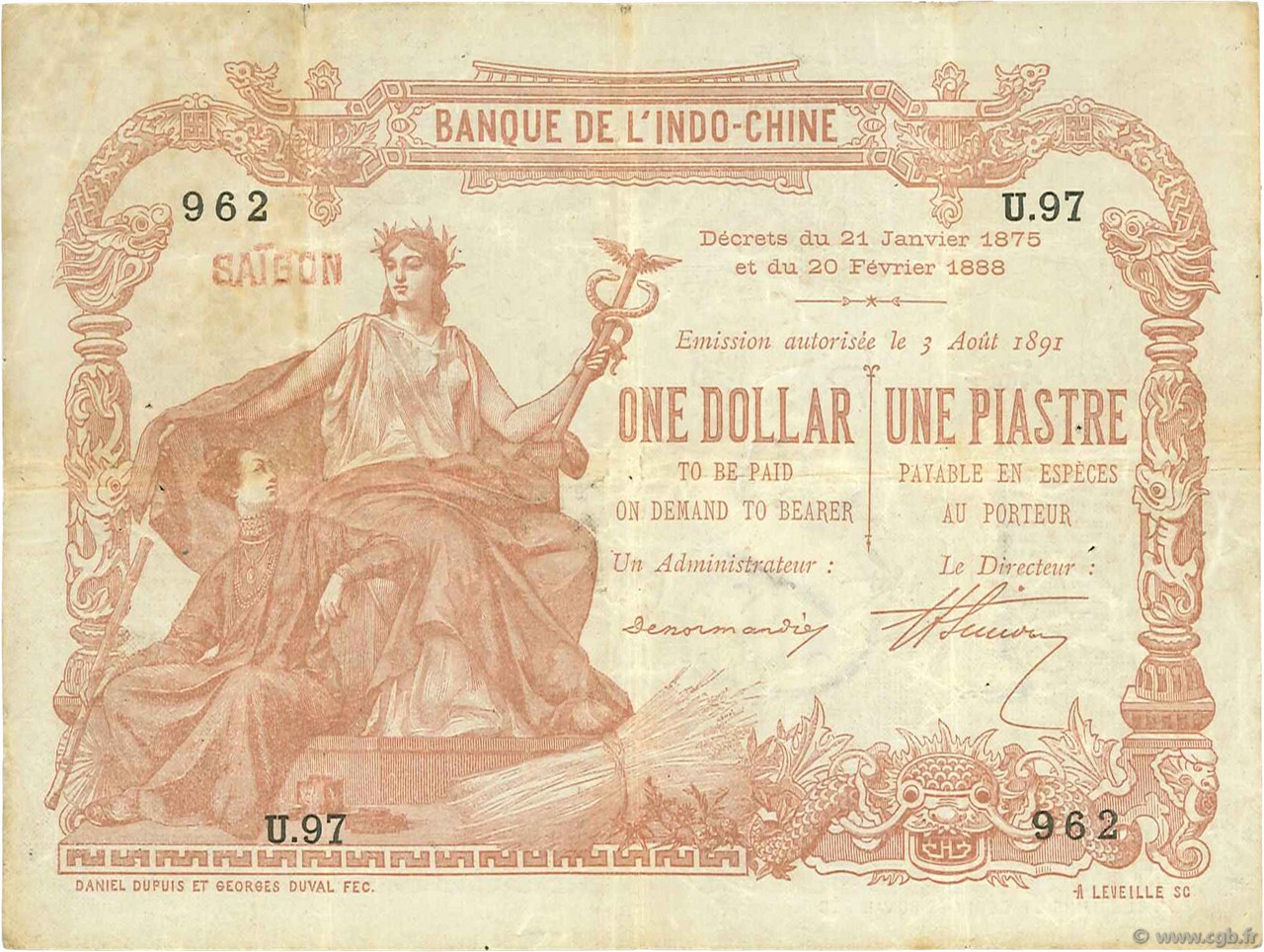 1 Dollar - 1 Piastre marron INDOCHINE FRANÇAISE Saïgon 1900 P.027 TTB