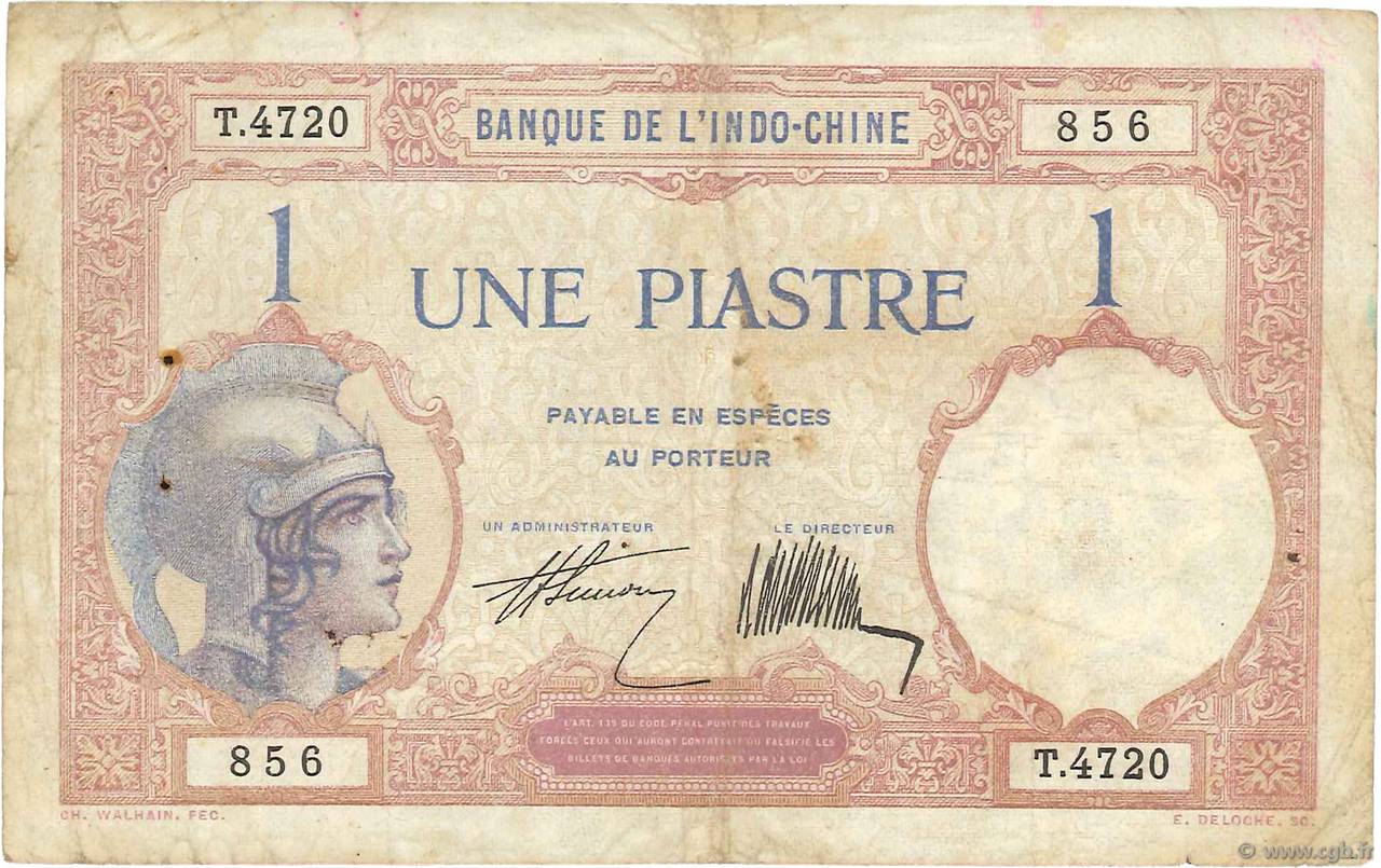 1 Piastre FRANZÖSISCHE-INDOCHINA  1927 P.048b S to SS