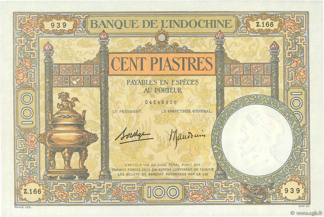 100 Piastres INDOCHINE FRANÇAISE  1936 P.051d pr.NEUF